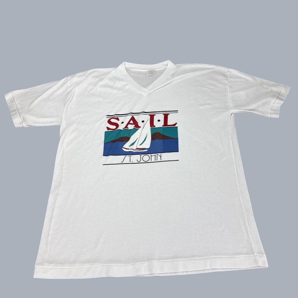 Vintage Sail St John Shirt Mens XXL White V-Neck Sailboat Coastal Grandpa 90s